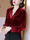 Llyge  Office Lady Blue Velvet Blouse Button Down Shirt For Women Black Casual  Spring New Long Sleeve Plus Size Tops Shirts