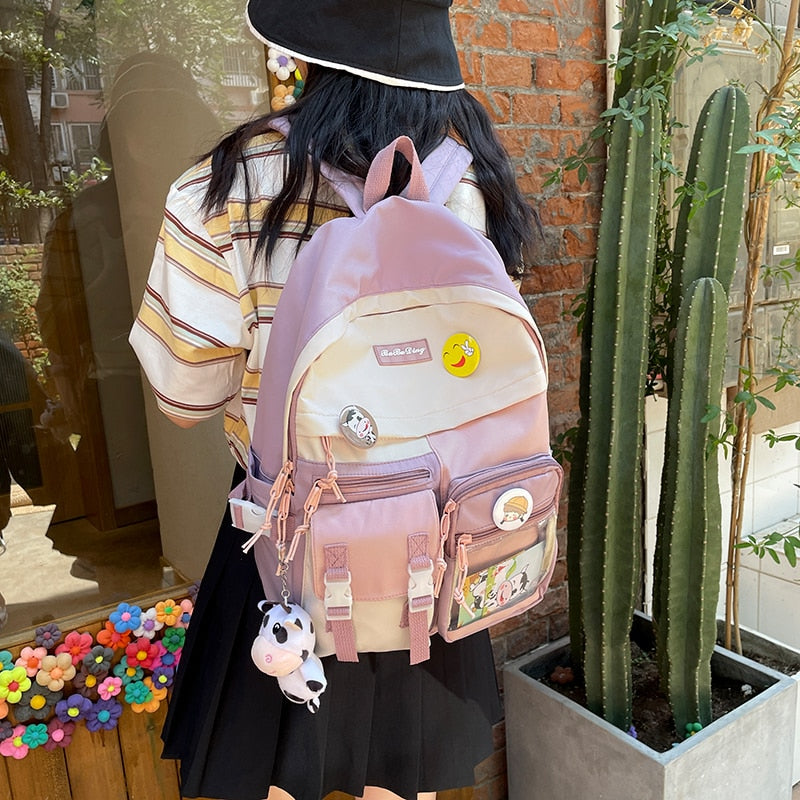 Back To School LLYGE Korean Kawaii Pink Backpacks For Teenage Girls College Student Casual School Bag Ladies Bookbag Women Cute Panelled Backpacks