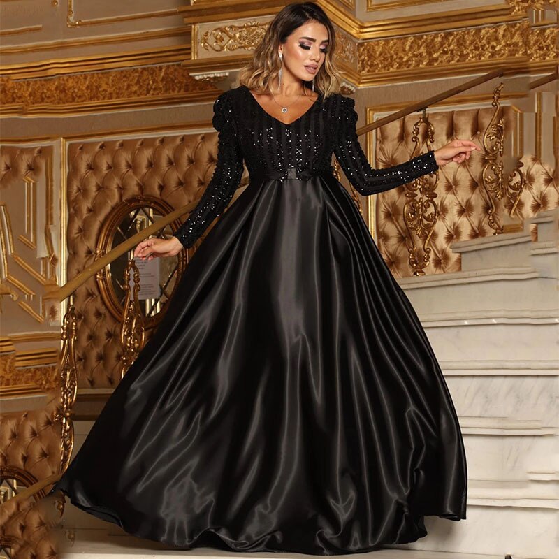 llyge Autumn Long Sleeve V Neck Sparkle Sequins Prom Dress Floor Length Evening Party Dress Large Swing Patchwork Satin Ball Gown