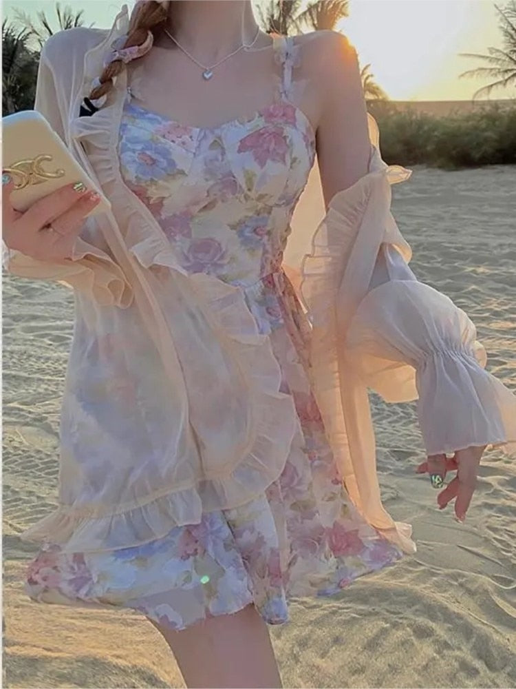 Llyge Party Mini Floral Summer 2023 Print Sexy Kawaii Strap For Women Ruffle Bohemian Beach Dress Traf Robe Vestidos