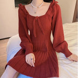 Llyge Women Knitted Puff Long Sleeves O-Neck Waist Tied Preppy Sweet Elegant Spring Chic Dress Traf Платье Женское Robe 2023