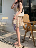 Llyge Casual Beach Straps Dress Women Slim 2022 Summer Sweet Elegant Y2k Mini Dress Fairy Sleeveless Floral One Piece Dress Korean