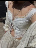 Llgye 2023 Trendy Lace Trim Vintage Fairy Crop Tops Women Y2k Aesthetic Tie Up Shirts Sleeveless V Neck Tank Top Female Summer Vest