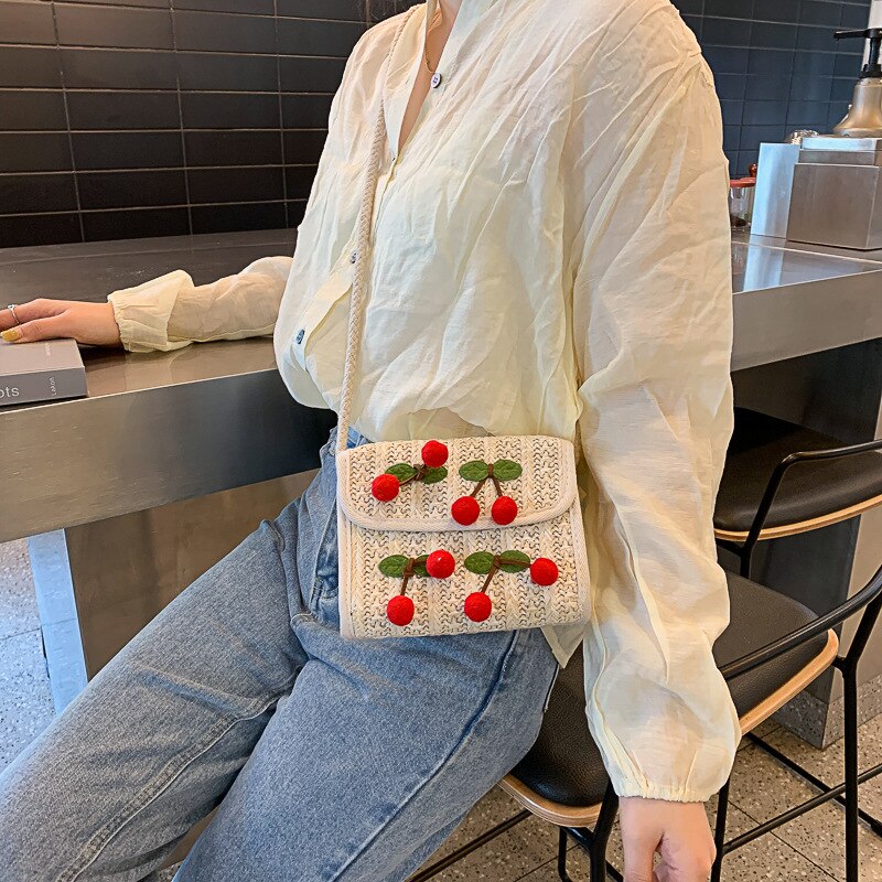 Llyge Women's 2023 Summer New Korean Fashion Beach Bag Straw Messenger Bag Girl Cherry Woven Bag Boho New Small Bag