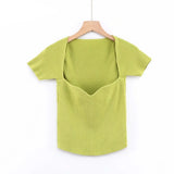 Back To School  Green Square Neck Ribbed Knitted T-Shirt Women  Solid Color High Strench Tshirt Cool Girls Street Style Crop Top 2023