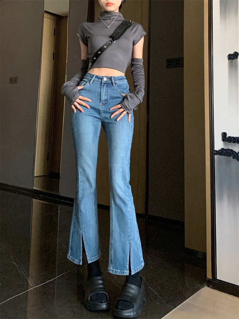 Llyge XS-L Women Flare Pants Jeans OL  Slim Split Autumn 2023 Female Chic Office Lady Streetwear New Work Wear High Waist