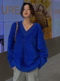 Llyge  Klein Blue V-Neck Sweater Autumn And Winter New Loose And Lazy Wind Knitted Sweater Outer Wear Pullover Top Long-Sleeved Coat