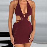 LLYGE Sexy Knitted Dress Lady Sexy Backless Hollow-out Bandage Bodycon Mini Dress Vestidos