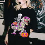 LLYGE Halloween Funny Skeleton Riding Dinosaur Graphic T-Shirt Casual Short Sleeve Streetware Fashion Tshirt Horror Harajuku Punk Tees