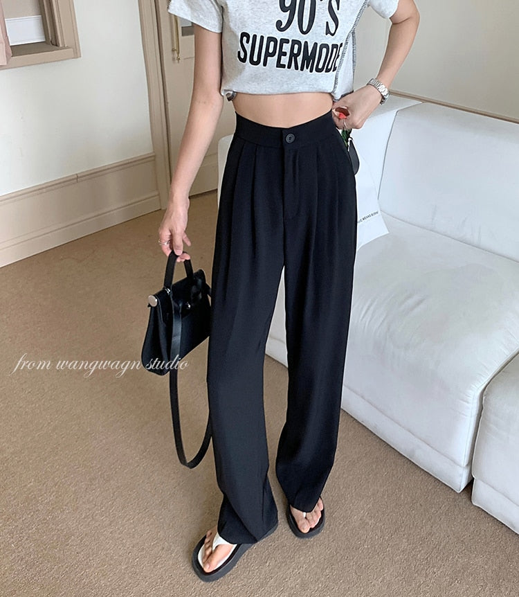 Llyge 2022 Summer Elastic Waist Trousers Normcore Women Chic Office Lady Slim Solid Straight Casual New Loose Femme Pants