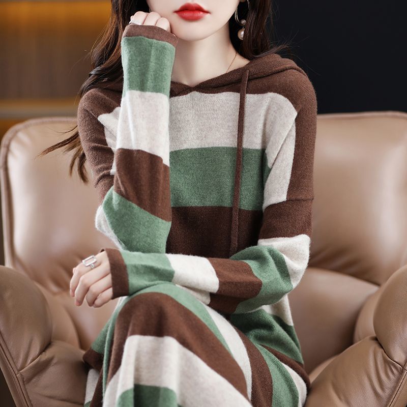 Llyge Hooded Vintage Women's Sweater Knitted One-Piece Dress Loose Midi Knit Dresses For Women Autumn Winter 2023 With Free Shipping