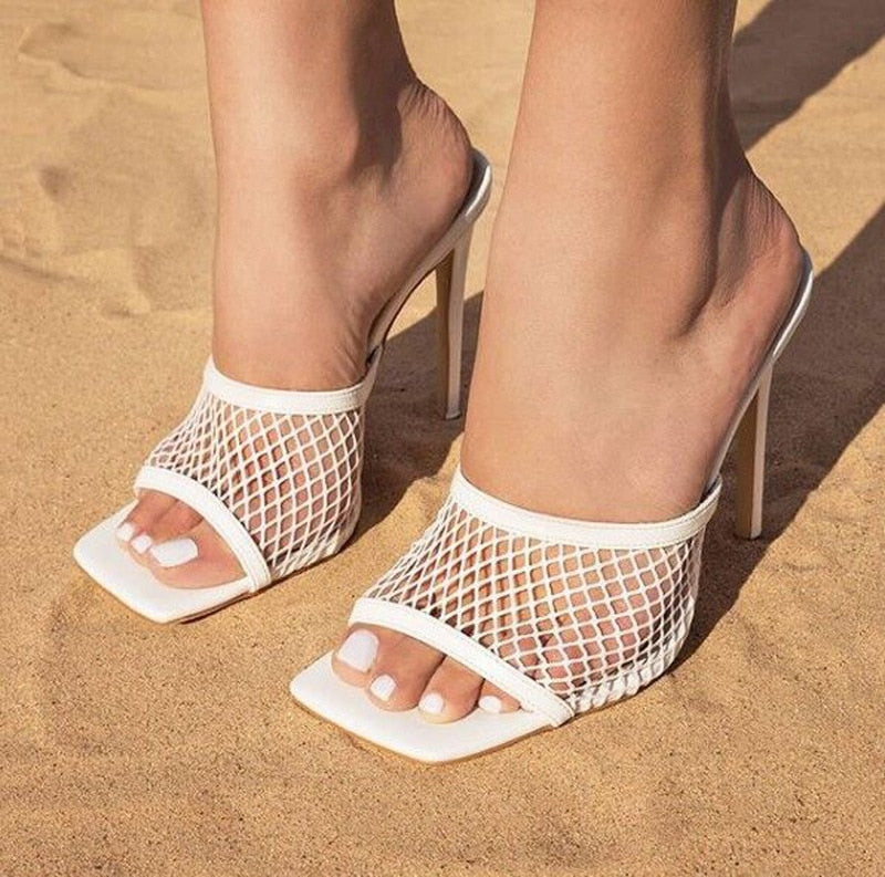 Llyge 2023 Sandals Women Net Surface Square Head High Heel Stilettos  Pumps Summer Shoes Peep Toe Women High Heel Large Size 35~43