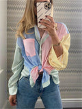 Sweet Woman Loose Colorful Stripe Shirts 2023 Spring Casual Oversized Patchwork Buttoon Tops Girls Sweety Shirt