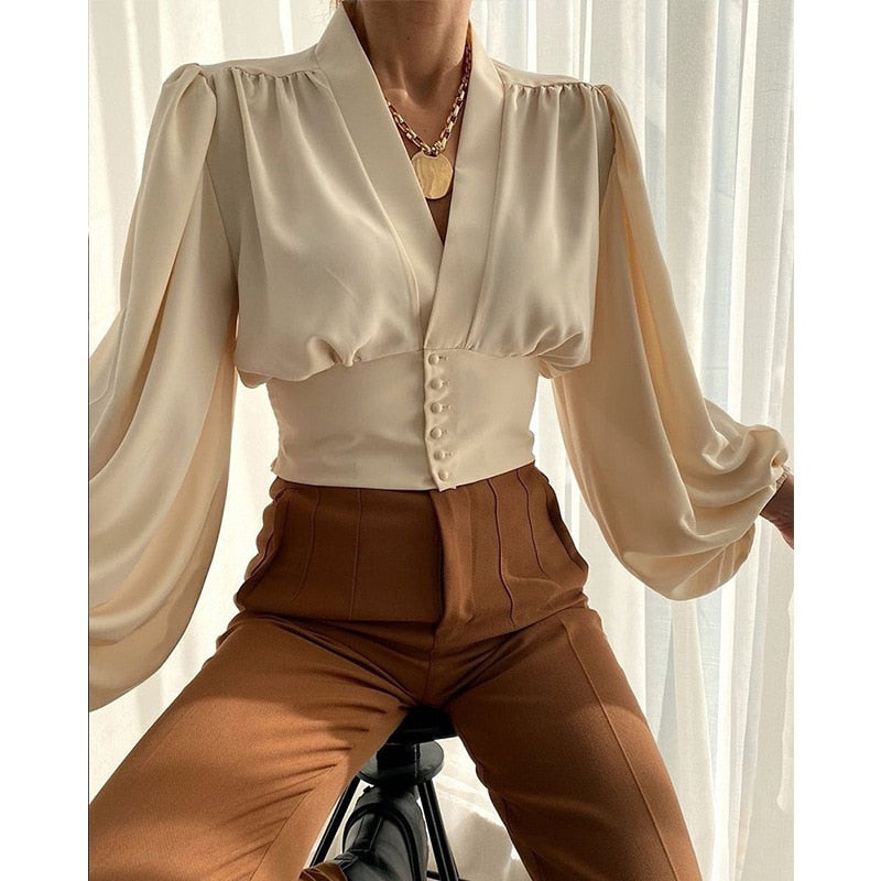 Llyge  Graduation party  Women Lantern Long Sleeve Blouse French Style V-neck Casual Office Lady Shirts 2023 New Spring Floral Retro Tops