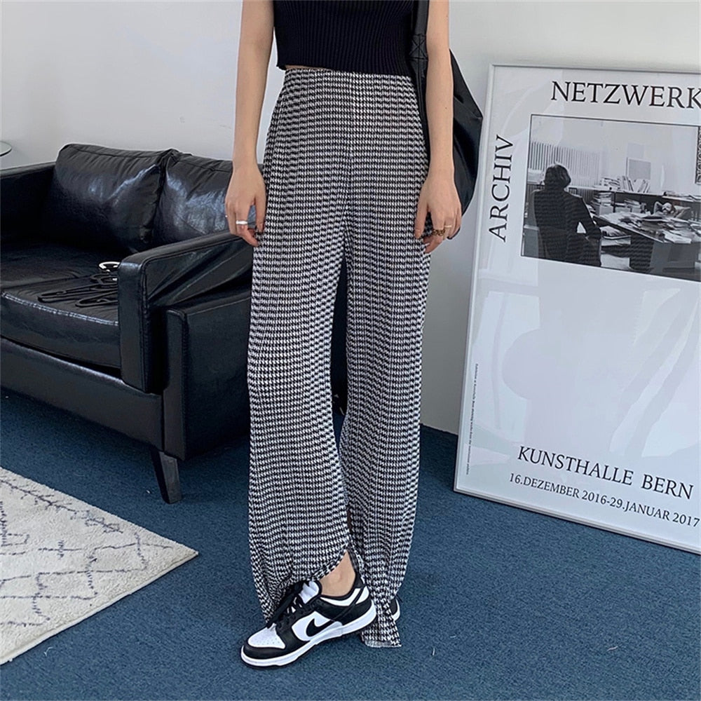 Llyge Plaid Split Oversize Women Houndstooth Full Length Pants Slim Casual 2022 Summer Hot Office Lady Streetwear High Waist