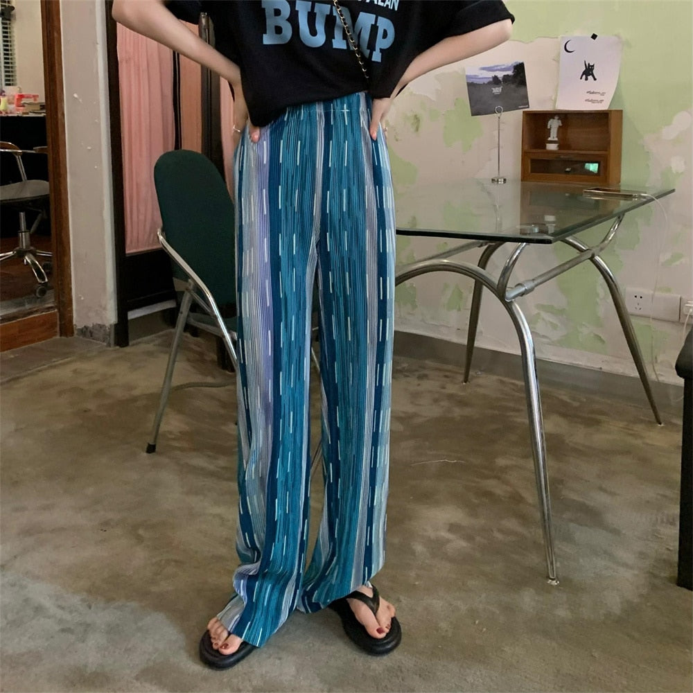 Llyge Blue Summer Tie-Dying New Trousers Slim Wide Leg Fashion Straight 2022 Casual Office Lady All Match High Street Pants
