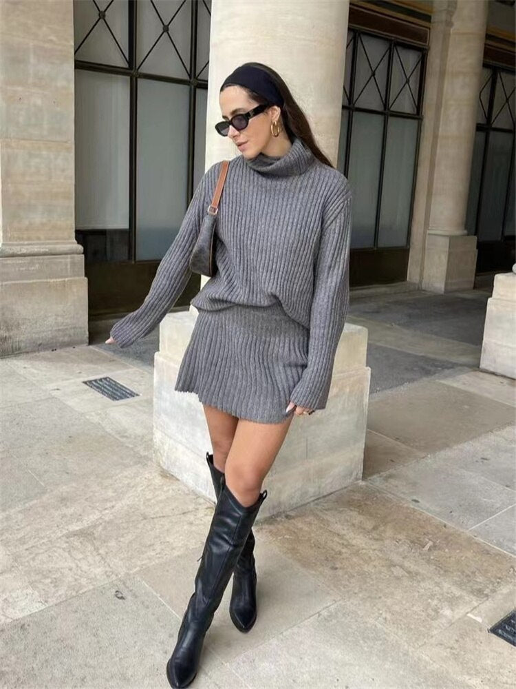Woman Casual Gray Turtleneck Ribbed Sweater Suit 2023 Autumn Female Solid High Waisted A-line Skirt Sets Ladies Soft Knit Suits