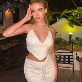 Llyge 2023 Graduation party  Autumn Winter Women's Suit Solid Color  Outfit Polyester Halter Lace-up Backless Vest High-waisted Two Piece Set Women Skirt