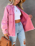 Llyge Girls Sweet Pink Loose Shirt Jacket Woman Casual Soft Button Denim Shirts Ladies Chic Solid Pocket Jackets