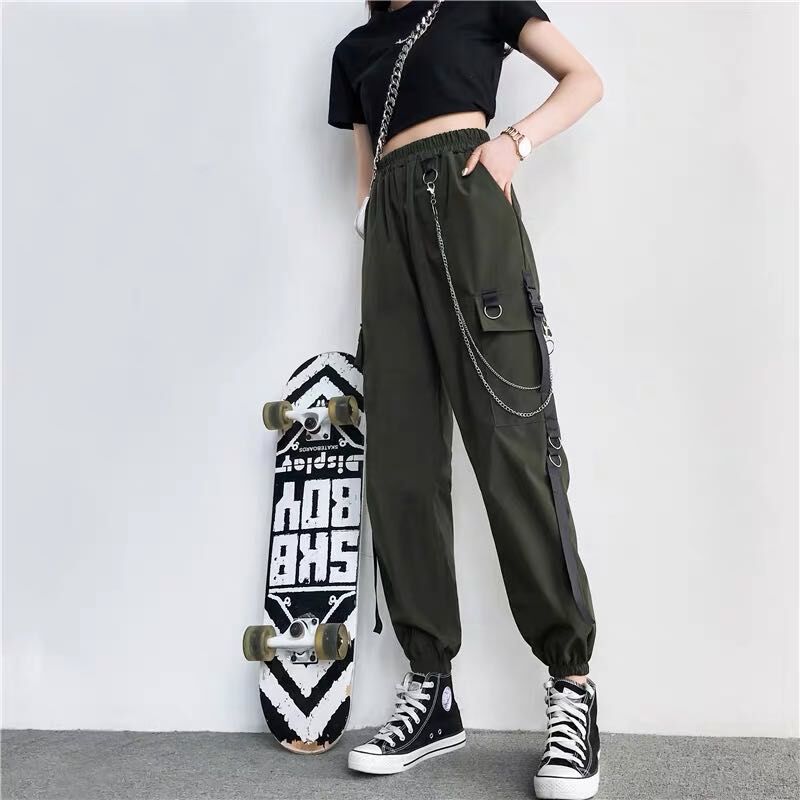 Llyge New Women Cargo Pants 2022 Harem Pants Fashion Punk Pockets Jogger Trousers With Chain Harajuku Elastics High Waist Streetwear