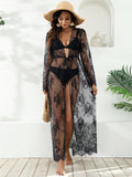 LLYGE Sexy See-through Lace Sun Protection Coverups Women's Lace-up Cardigan Bikini Cover-ups Summer Sweet Style Embroidered Beachwear