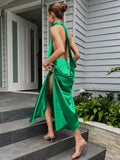 LLYGE Satin Halter  Deep V-Neck Women Maxi Dress Backless High Slit Dress Women Summer Skinny Fashion Party Elegant