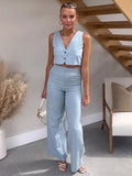 Two Piece Set Women Clothing 2023 Cropped Waistcoat And High Waist Full Length Pants Sets Casual Faux Linen Sets Womens Outfits