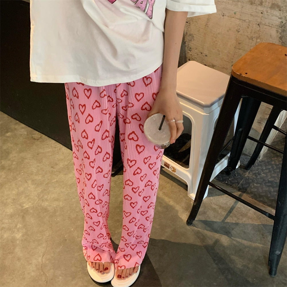 Llyge Pink Hearts Pants Folds Casual Women Thin Summer Office Wear 2022 Wide Leg Work Wear New OL Hot Full Length Trousers