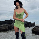 Llyge  Spaghetti Straps Mini Dress Elegant Green Irregular Club Party Dress 2023 Summer Sleeveless Satin Dress Casual Outfits
