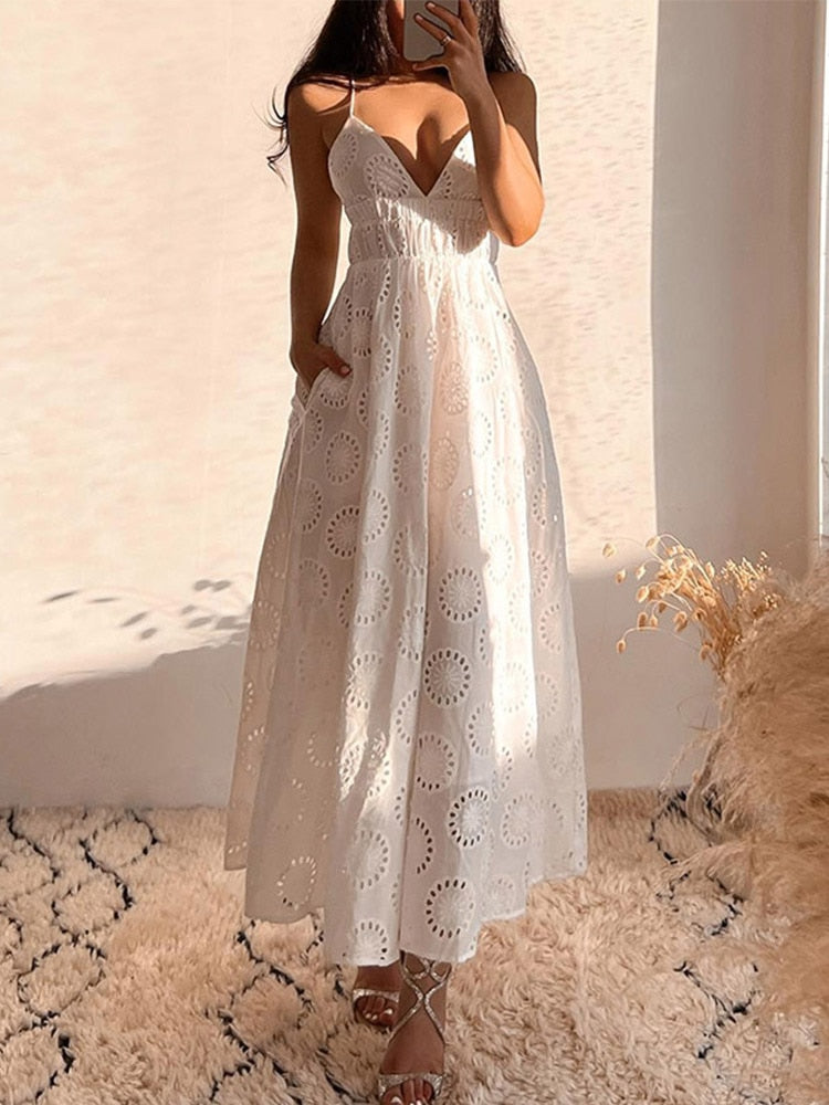 Backless Lace Up Camis Dress For Women Elegant Floral Hollow Beach Dresse 2023 Summer Famale Fashion Embroidery Midi Robe