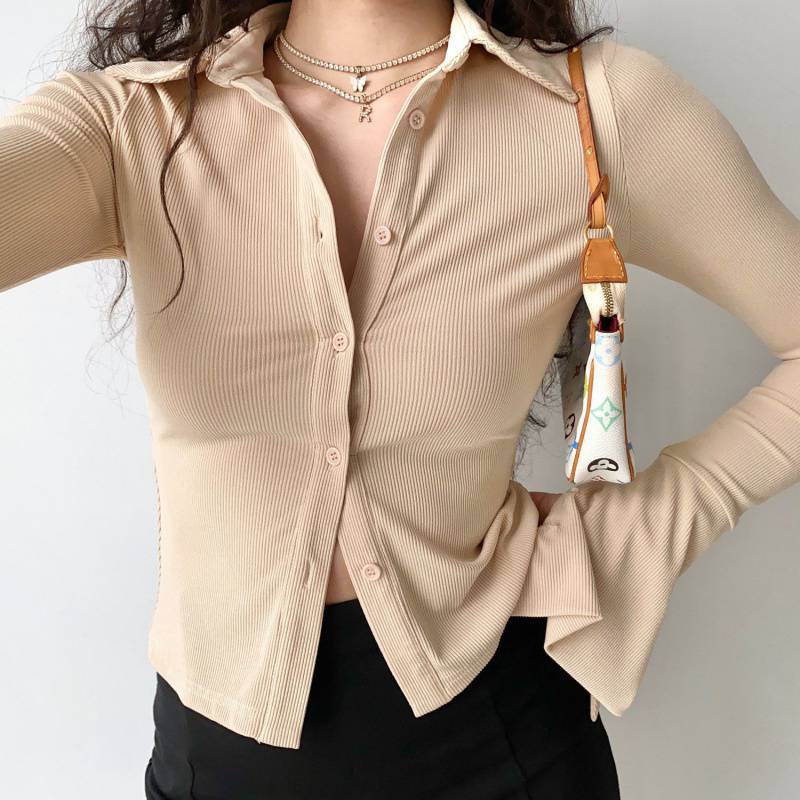 Llyge  Graduation party  Women's Y2k Crop Top 2022 Spring Long Sleeve Lapel Button Down Shirts Vintage Solid Purple Basic Blouses Flare Sleeves