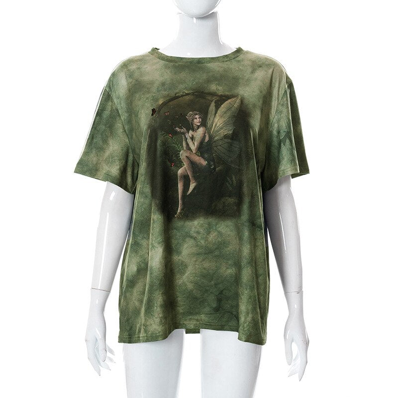 LLYGE Vintage Summer Green Loose T-Shirts Women Gothic Clothes Print O-Neck Long Top Streetwear Short Sleeve Fashion T-Shirts
