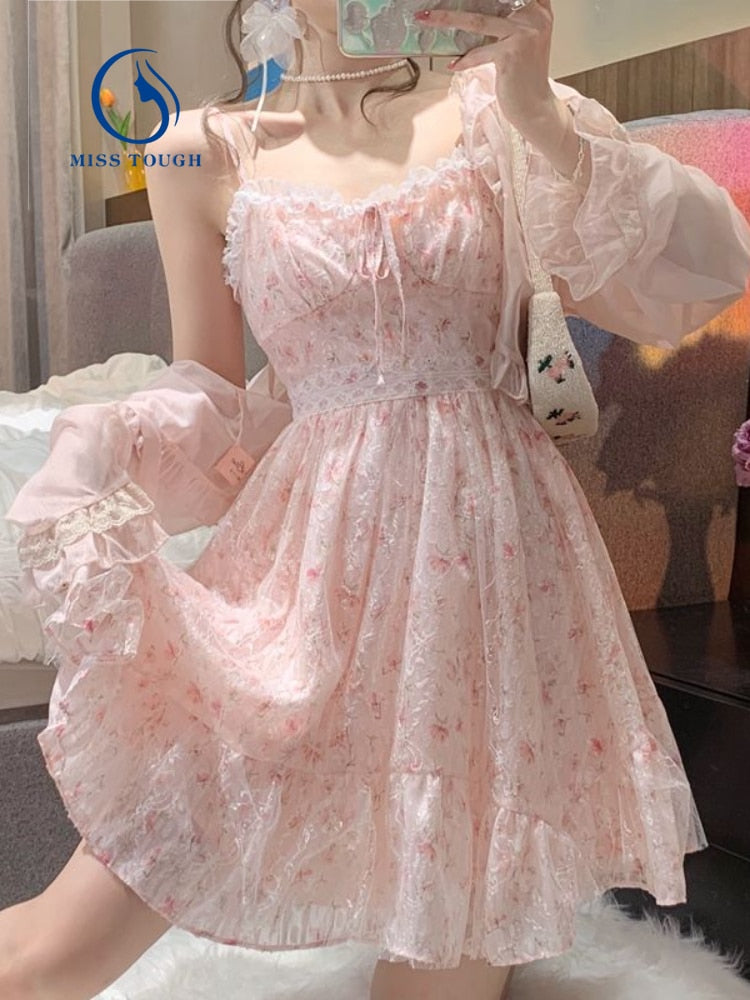 Llyge 2 Piece Dress Set Women Floral Mini Dress + Casual Blouse Korean Fashion Suits Kawaii Clothing Lolita Dress Party 2023 Summer