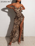 LLYGE Leopard Print High Split  V-Neck  Bodycon Long Dress Women Lace Up Backless Dresses Female Straps Party Vestidos