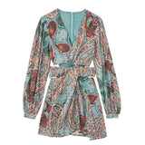 2023 Summer Women Elegant With Print Hollow Out Mini Dress New Pleated Full Sleeves Tied V-Neck Back Zippers Vintage Vestidos