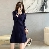 Llyge Women's Knitted Sweater Dress Mini Short Blue  Korean Fashion Birthday Female Knit Dresses For Fall And Winter Loose Vintage