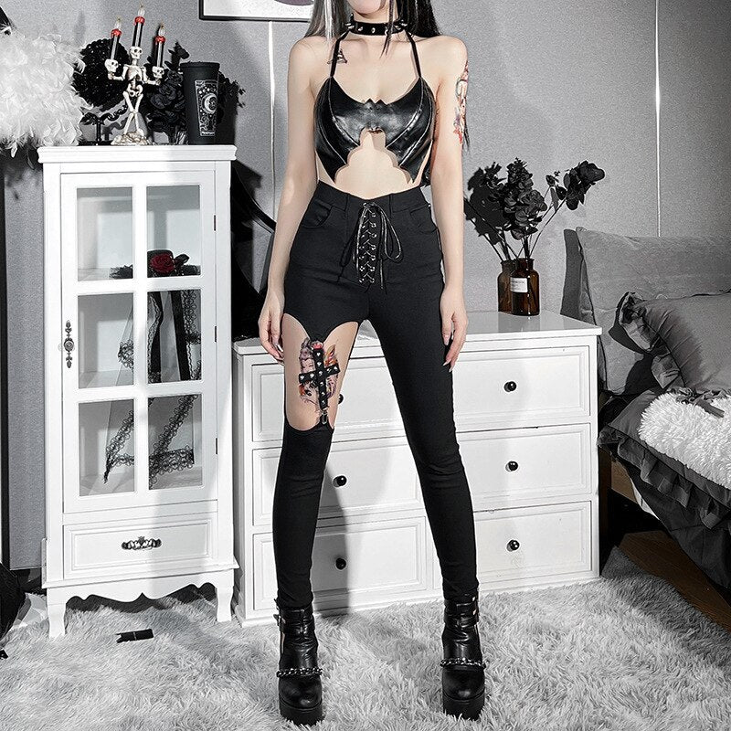 Llyge Halloween Mall Punk Y2K Cut-Out Hole High-Waisted Flared Pants Gothic Fairy Grunge Tight Pants Streetwear Wide Leg Pants E Girls