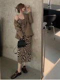 Llyge  Spring Summer 2023 Fashion Retro Loose Casual Khaki Suit Blazer Leopard Dress Костюмы С Юбкой 투피ìŠ?Dress Suits Vestido