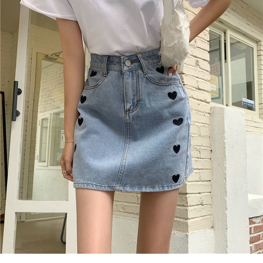 Llyge Women Denim A-Line High-Waist Skirts New Simple Love Short Skirts For Girls Summer Korean All-Match Loose High Street Skirts