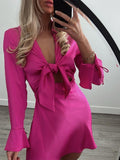 Women Hollow Out Bow Tie Satin Dress Female Fashion Casual Front Flare Sleeve Deep V Neck Mini Dress 2023 Summer Pink Dresses