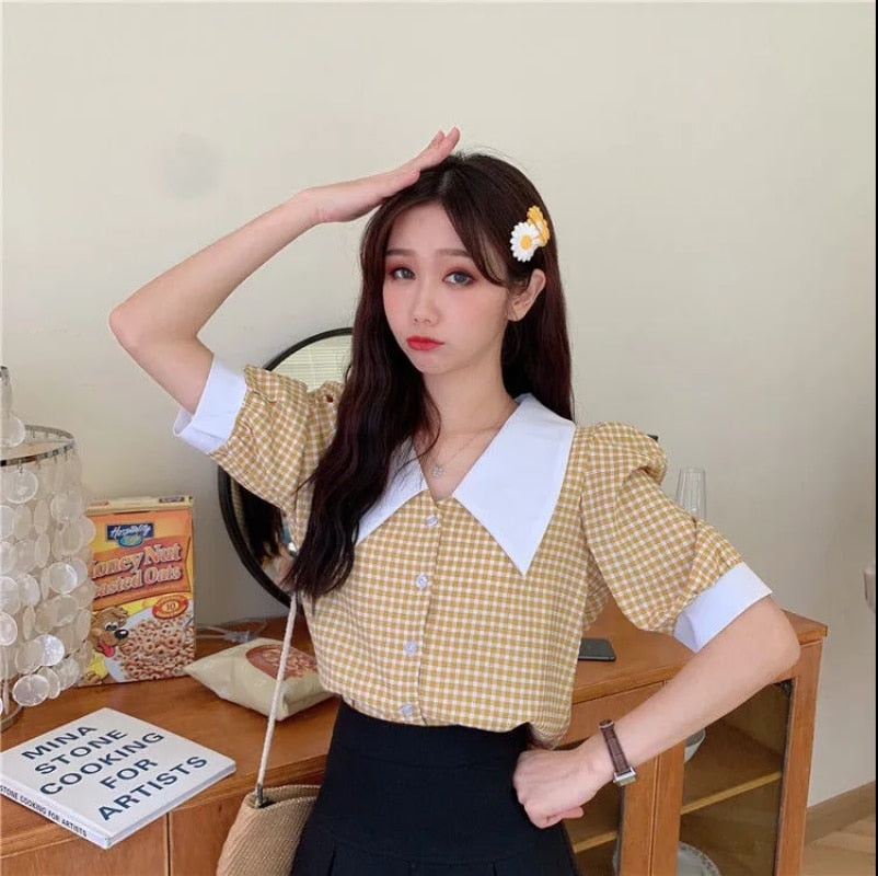Crop Top Yellow Blouses Summer Kawaii Puff Sleeve Plaid Shirt Women Checkered French Retro Style 2023 Vintage