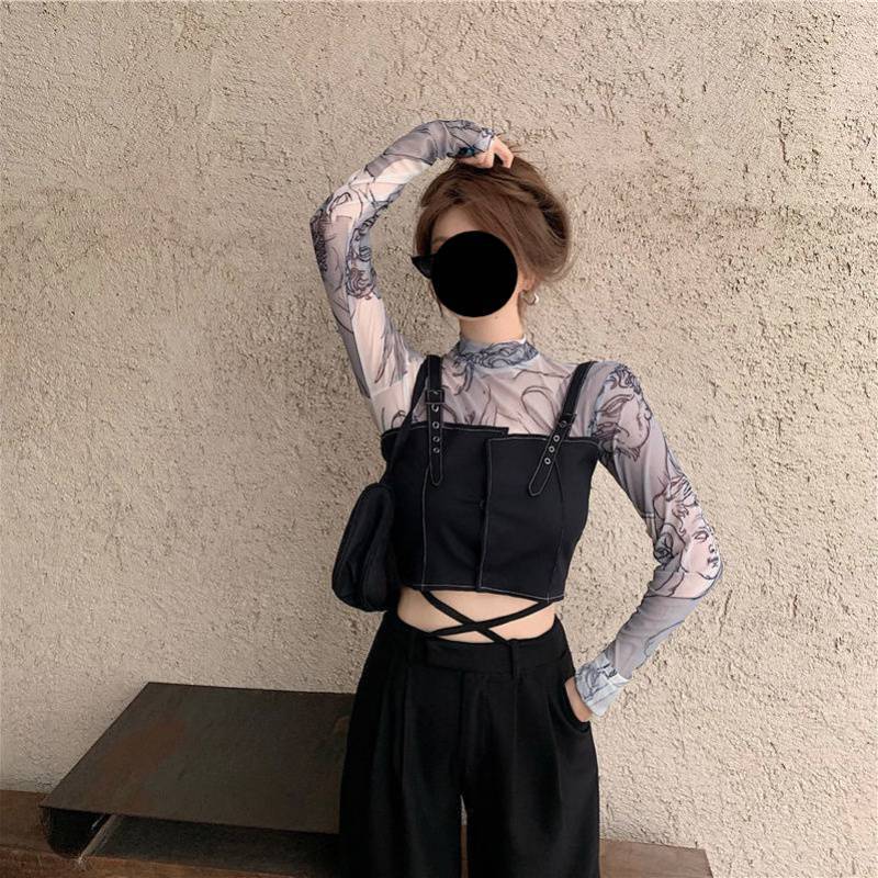 Llyge 2023 Turtleneck T-Shirt Mesh Top  Print Crop Top Streetwear Summer Women's Vintage Casual  Basic Crop Top Harajuku Slim Top