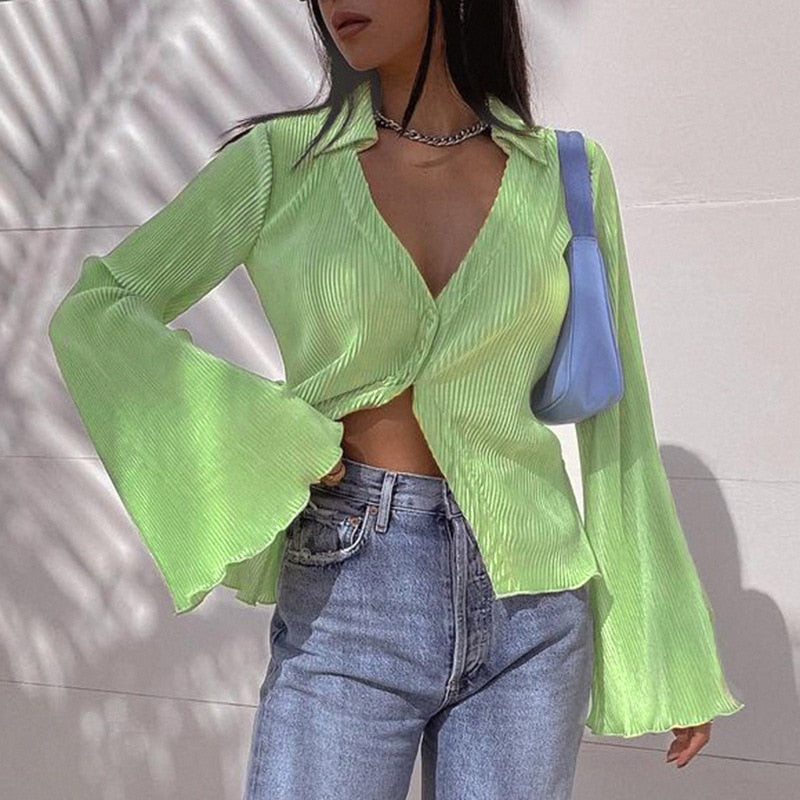 Llyge  Graduation party 2023 Graduation party  Women's Shirt  Crop Top Button Blouses Spring New Fashion Solid Color V Neck Flared Sleeve Long Sleeved Shirt Women Clothing