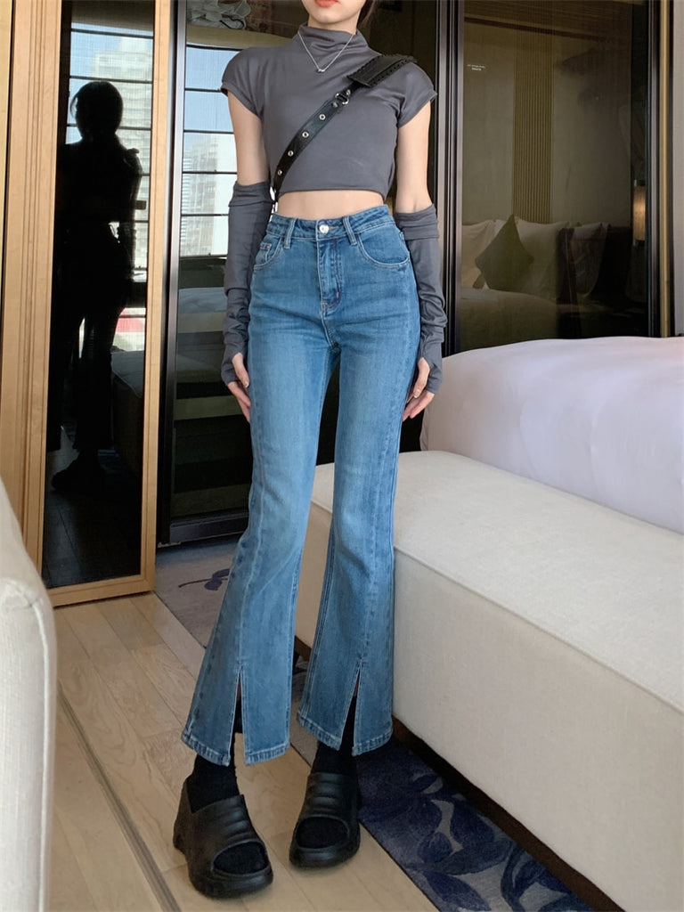 Llyge XS-L Women Flare Pants Jeans OL  Slim Split Autumn 2023 Female Chic Office Lady Streetwear New Work Wear High Waist