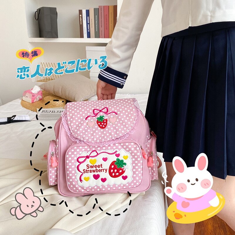 Llyge Japanese Schlool Bags Backpack Kids Cute Soft Girl Sweet Lovely Embroidered Fruit Strawberry Lace Girl Student Schoolbag Girl
