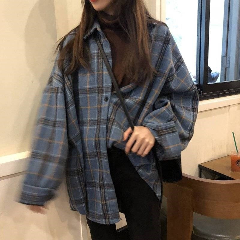 Llyge Shirts For Women Plaid Long Sleeve Button Up Shirt Collared Tops And Blouse 2023 Vintage Loose Loose Flannel Boyfriend Shirt