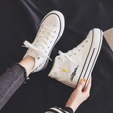 Llyge Inner Heightening Small Daisy Canvas Shoes Women's 2023 New High-Top Korean Version All-Match Student Thick-Soled White Shoes
