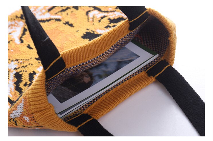 Llyge Knitting Tiger Pattern Tote Bag Female Casual Fashion Knitting Quality High Street Fashion Stylish Soft Top-Handle Handbag