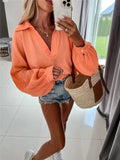 Llyge Woman Casual Orange V Neck Cotton Shirt 2022 Spring Female Elegant Long Sleeve Shirts Ladies Solid Basic Shirts