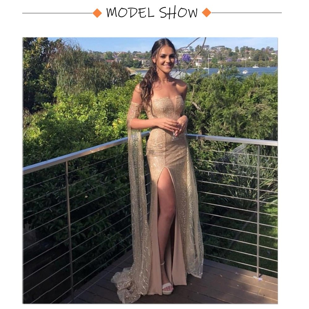 Graduation Prom Llyge Floor Length Sleeve Celebrity Dresses Hollow Out Off The Shoulder Evening Gown Split Leg Gold Glittered Boat Neck Maxi